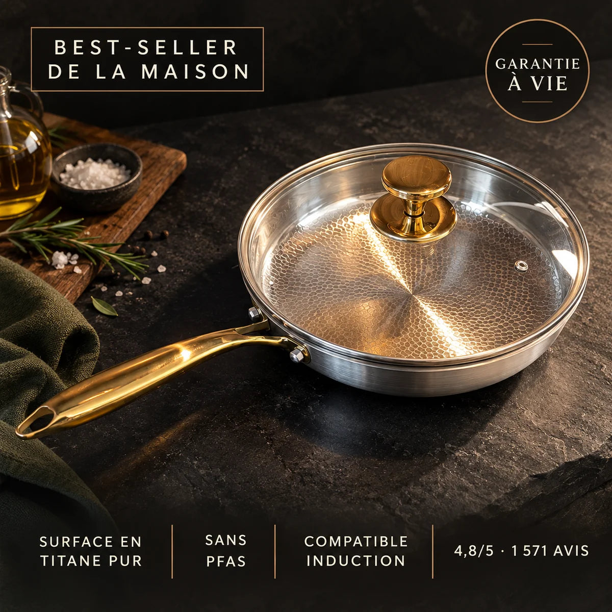 Poêle Signature en Titane Pur LaDinanderie® — Sans PFAS, Compatible Induction